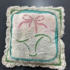 VTG Handmade Pink Pillow Cross Stitch Lace Trim Basket Of Flowers READ